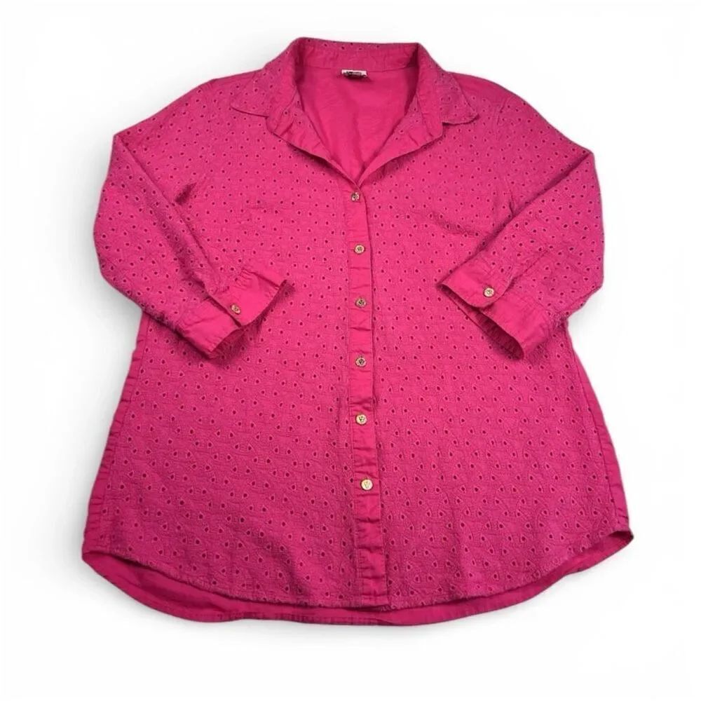 Anne Klein Eyelet Button Down Shirt M/L Classic Feminine Hot Pink Cotton Top